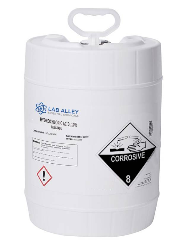 Hydrochloric Acid 10% Solution, Lab Grade, 5 Gallons