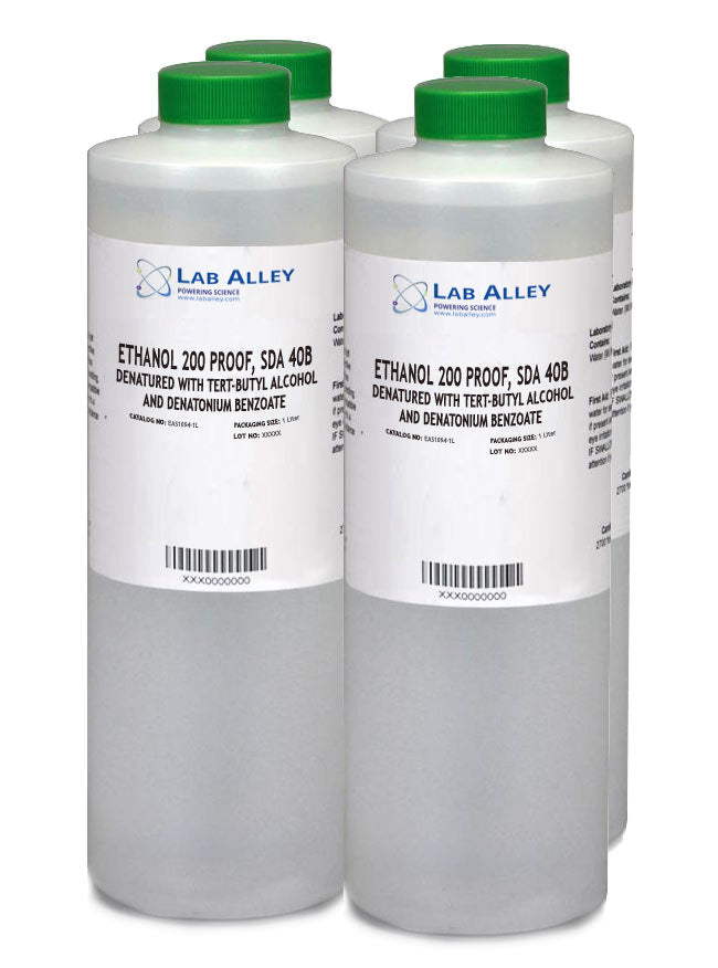 Lab Alley brand Ethanol 200 Proof, Specially Denatured Alcohol, SDA 40B, with tert-Butyl Alcohol & Denatonium Benzoate, 4x1L