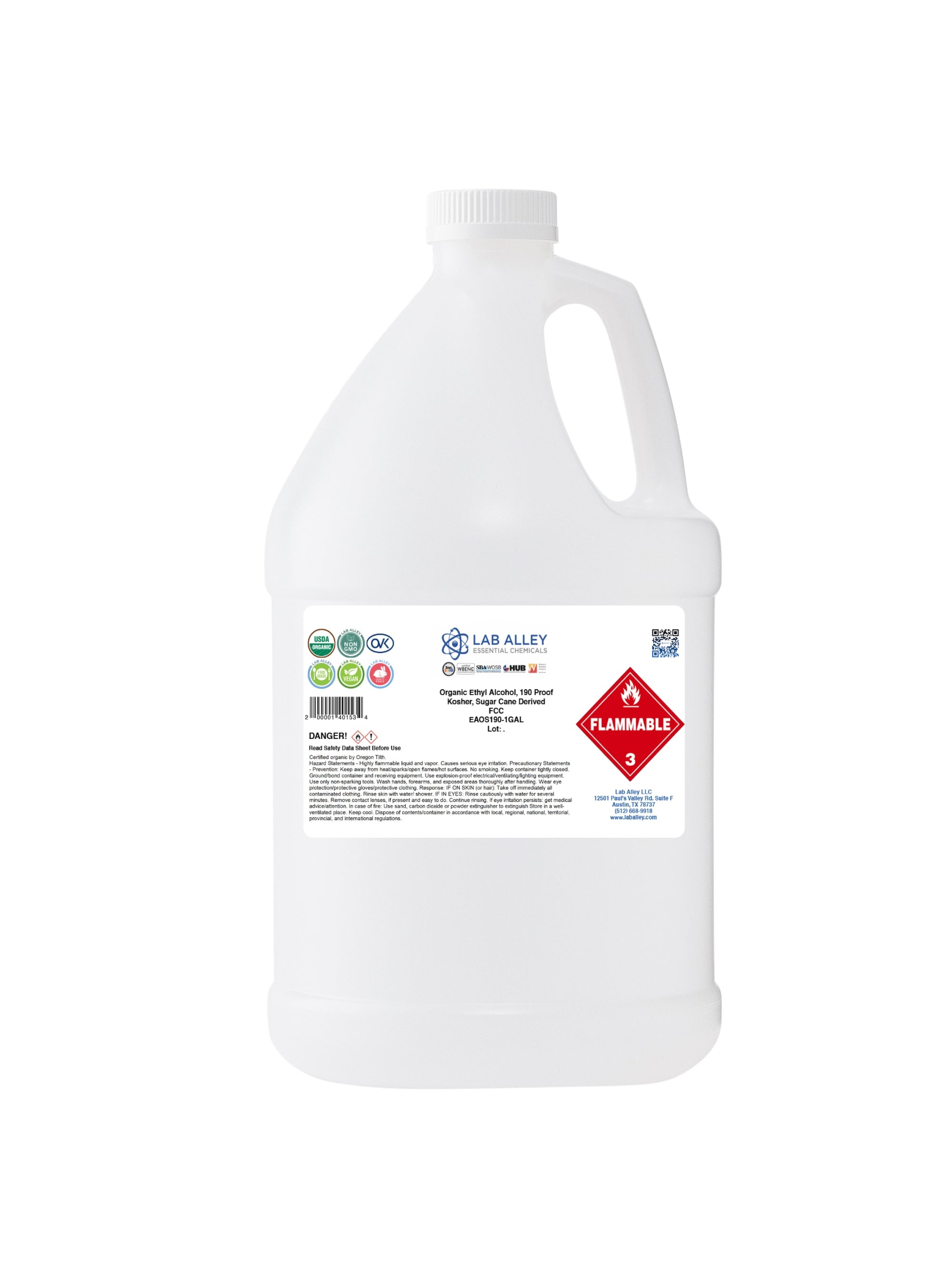 Organic Ethyl Alcohol, Sugar Cane, 190 Proof Kosher, Halal, FCC