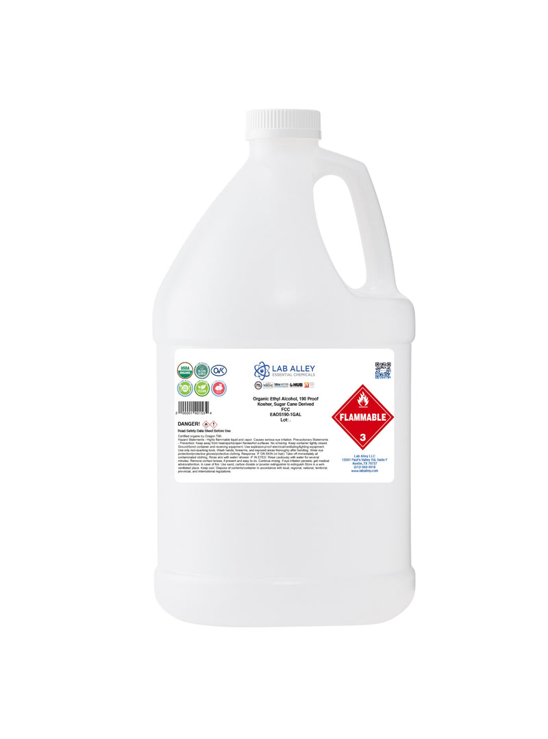 Organic Ethyl Alcohol, Sugar Cane, 190 Proof Kosher, Halal, FCC