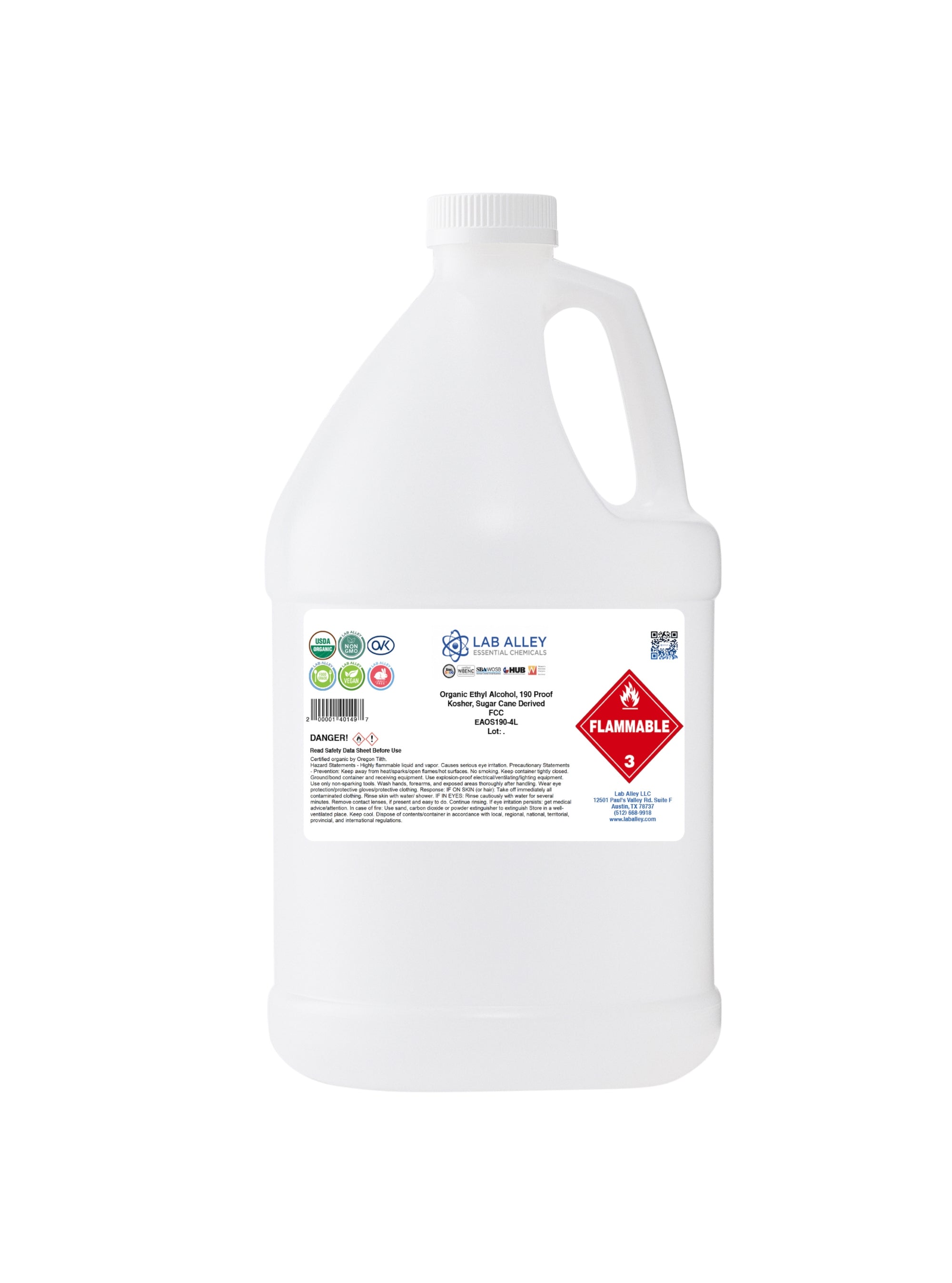 Organic Ethyl Alcohol, Sugar Cane, 190 Proof Kosher, Halal, FCC