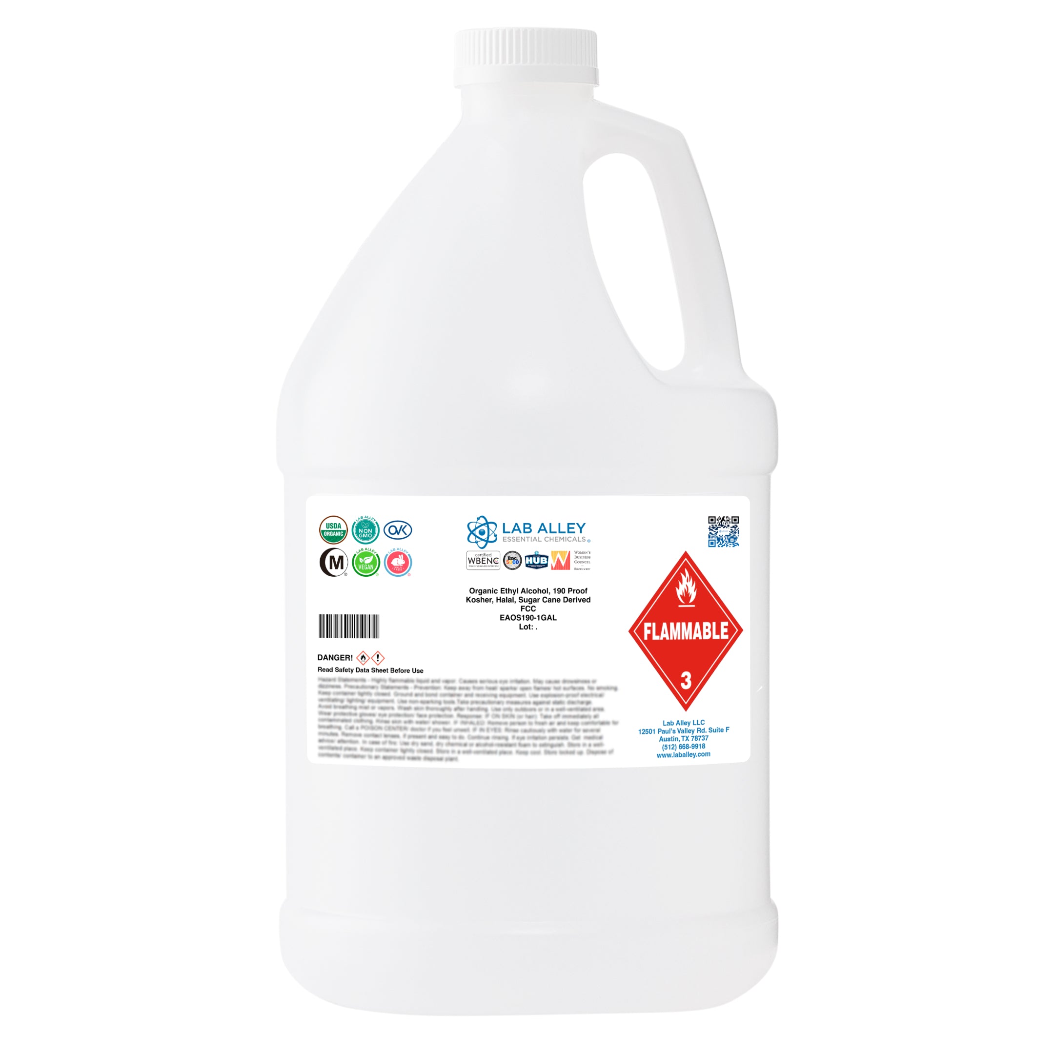 Organic Ethyl Alcohol, Sugar Cane, 190 Proof Kosher, Halal, FCC