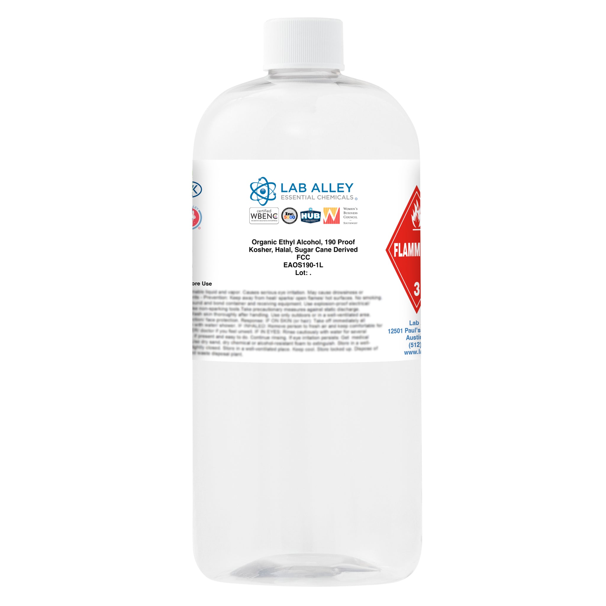 Organic Ethyl Alcohol, Sugar Cane, 190 Proof Kosher, Halal, FCC