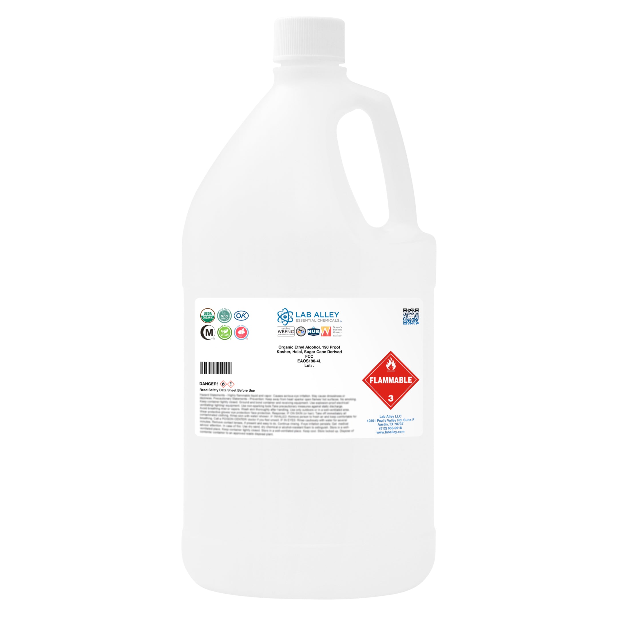 Organic Ethyl Alcohol, Sugar Cane, 190 Proof Kosher, Halal, FCC
