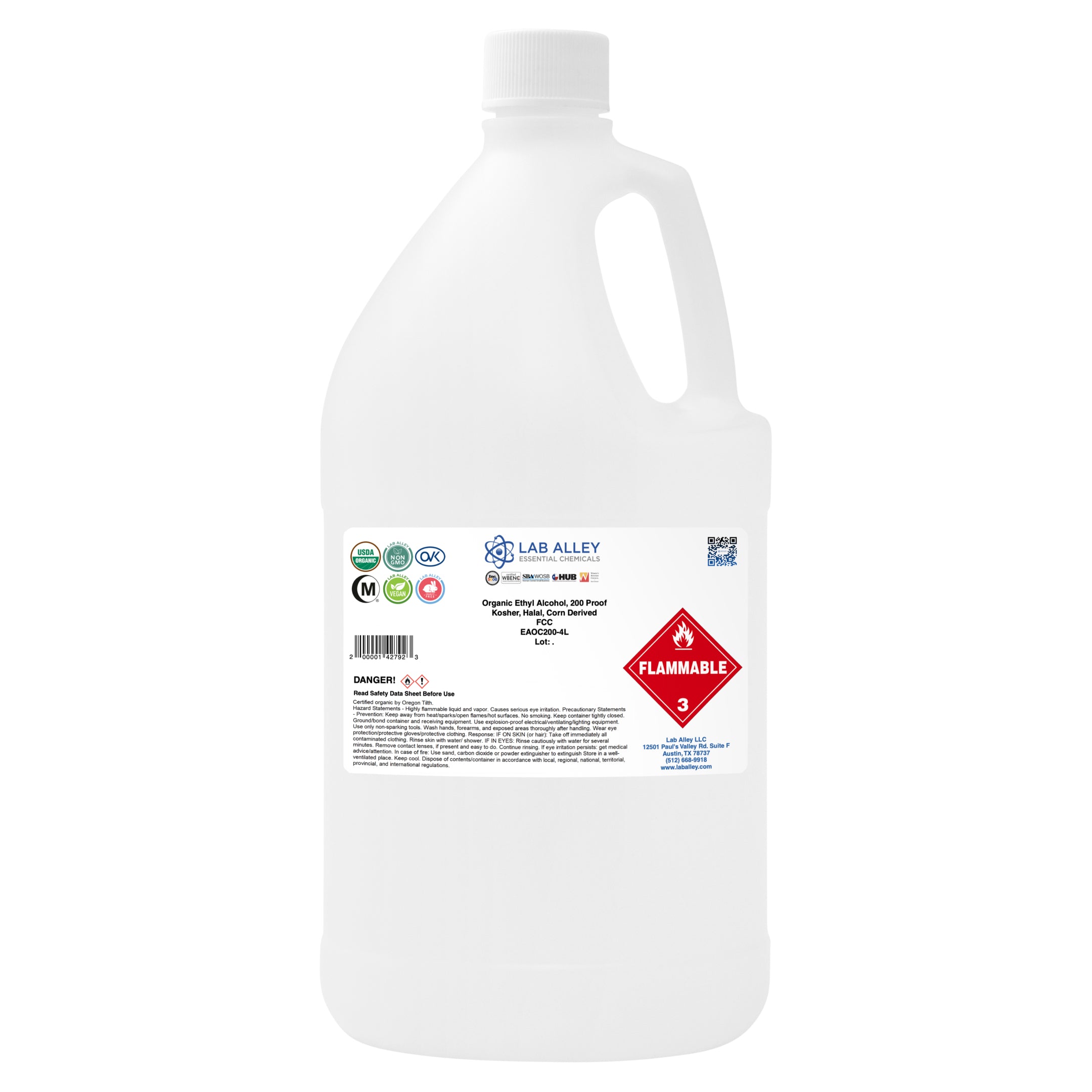 Organic Ethyl Alcohol, Corn, 200 Proof, Kosher, Halal, FCC