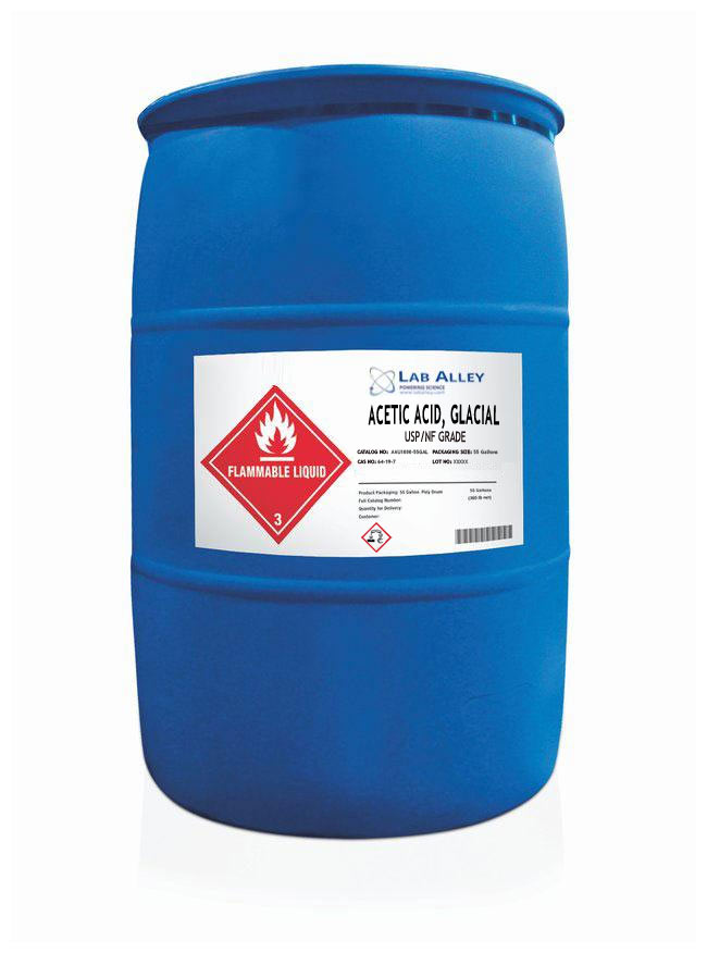 Acetic Acid, Glacial, USP/NF Grade, 55 Gallon Poly Drum.