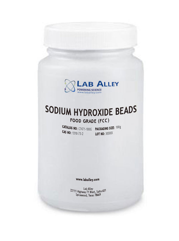 Sodium Hydroxide Beads, Food Grade (FCC), 100g