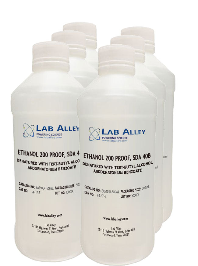LabAlley.com sells Ethanol 200 Proof, Specially Denatured Alcohol, SDA 40B, with tert-Butyl Alcohol & Denatonium Benzoate, 6x500 mL