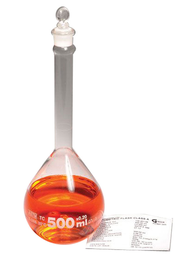 Volumetric Flask, Class A, Glass Stopper, Batch Cert