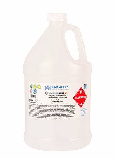 Organic Cane Alcohol 1 Gallon. Certified Organic Sugar Cane Alcohol, 1 Gallon Bottle, 190 Proof Ethanol (95%), Price: $124, Shipped Next Day Via UPS. An Excellent Solvent, Base And Carrier For Perfume, Skincare Products, Tinctures, Oils, Sprays, Cleaners