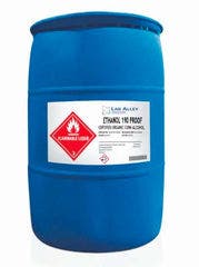 NOVEMBER 19, 2021 - PICTURED HERE IS A 55 GALLON DRUM OF CERTIFIED ORGANIC CANE ALCOHOL - This product is for sale online at LabAlley.com.